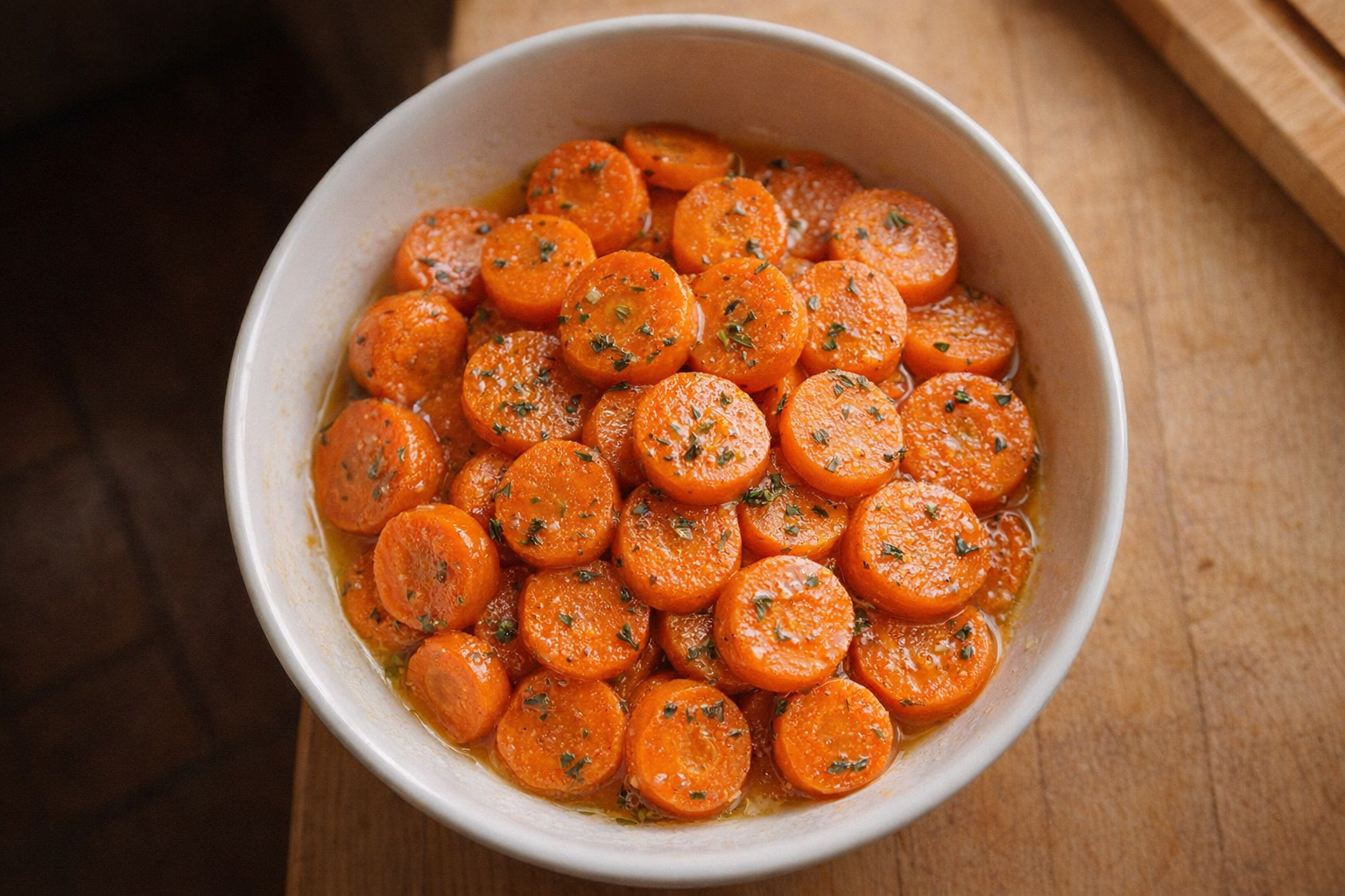 A top-down shot of perfectly boiled, vibrant orange carrot slices in a white ceramic bowl, glistening with melted butter and sprinkled with fresh herbs. Warm, natural light.